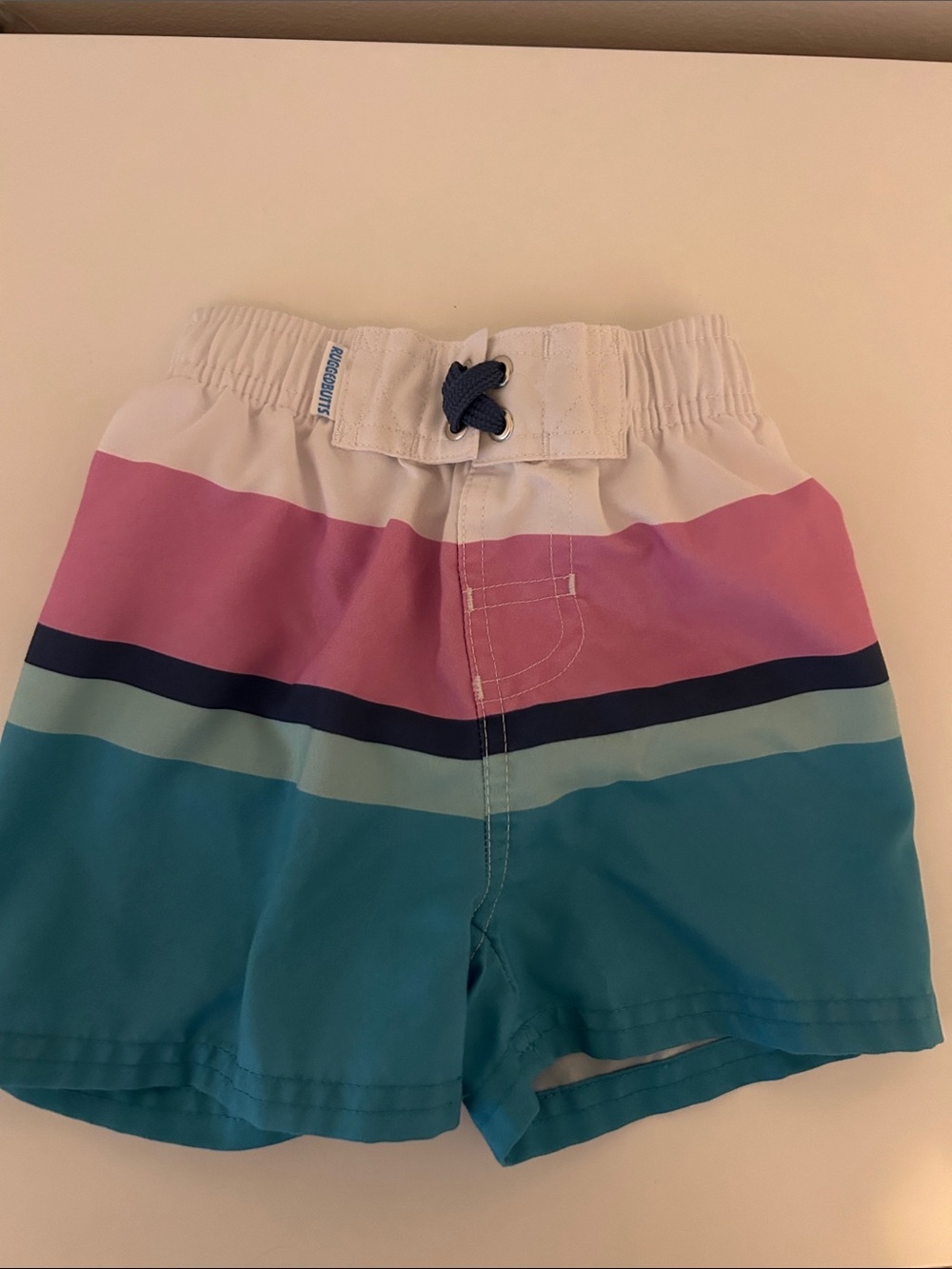 Striped Kids Swim Shorts in Pink, Teal & White